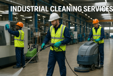 A professional industrial cleaning team in action inside a large manufacturing facility. Workers wearing protective gear (helmets, gloves, vests) are cleaning machinery and floors with industrial equipment. The environment is well-lit, clean, and organized, showing attention to safety and detail.