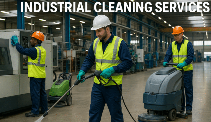 A professional industrial cleaning team in action inside a large manufacturing facility. Workers wearing protective gear (helmets, gloves, vests) are cleaning machinery and floors with industrial equipment. The environment is well-lit, clean, and organized, showing attention to safety and detail.