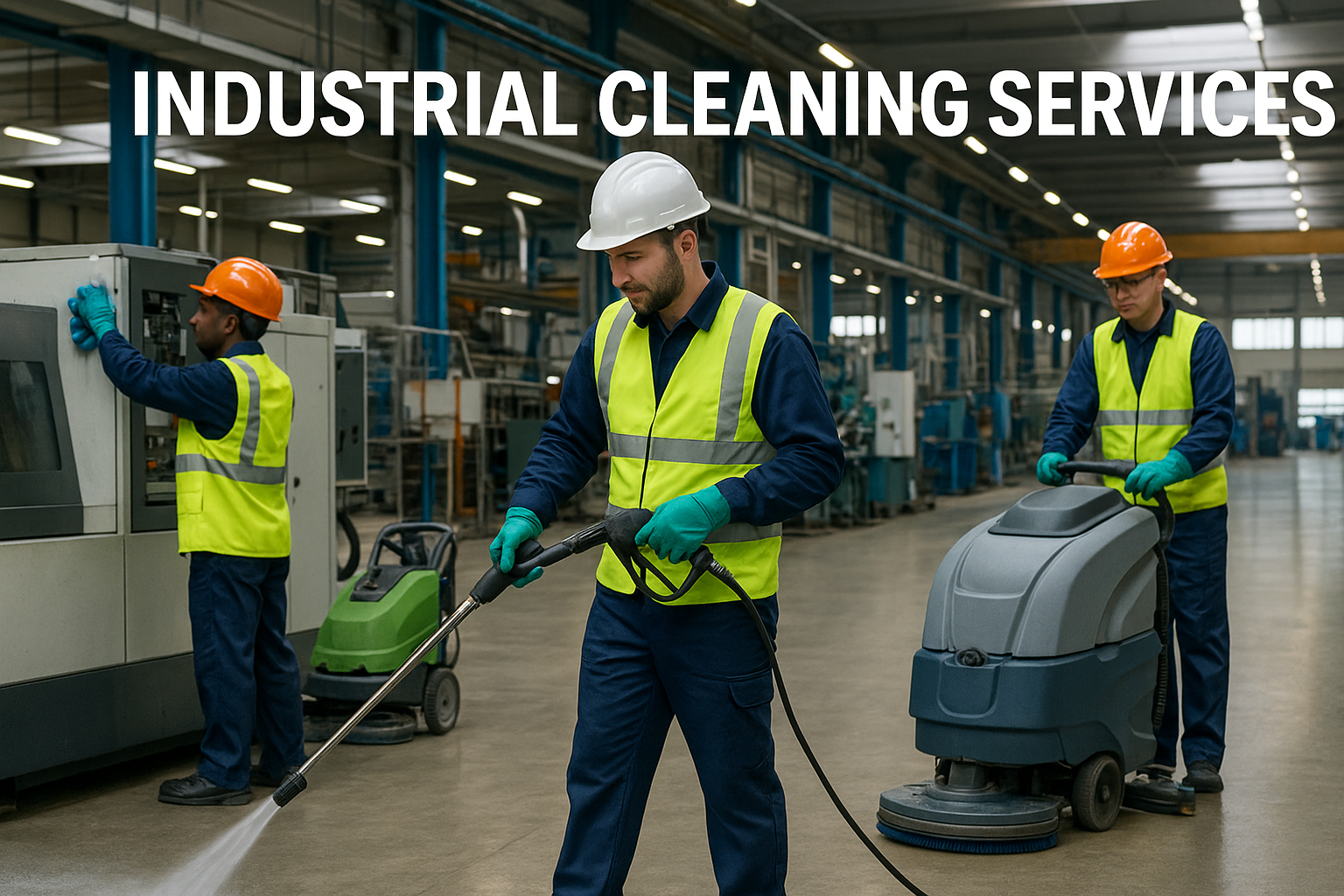 A professional industrial cleaning team in action inside a large manufacturing facility. Workers wearing protective gear (helmets, gloves, vests) are cleaning machinery and floors with industrial equipment. The environment is well-lit, clean, and organized, showing attention to safety and detail.
